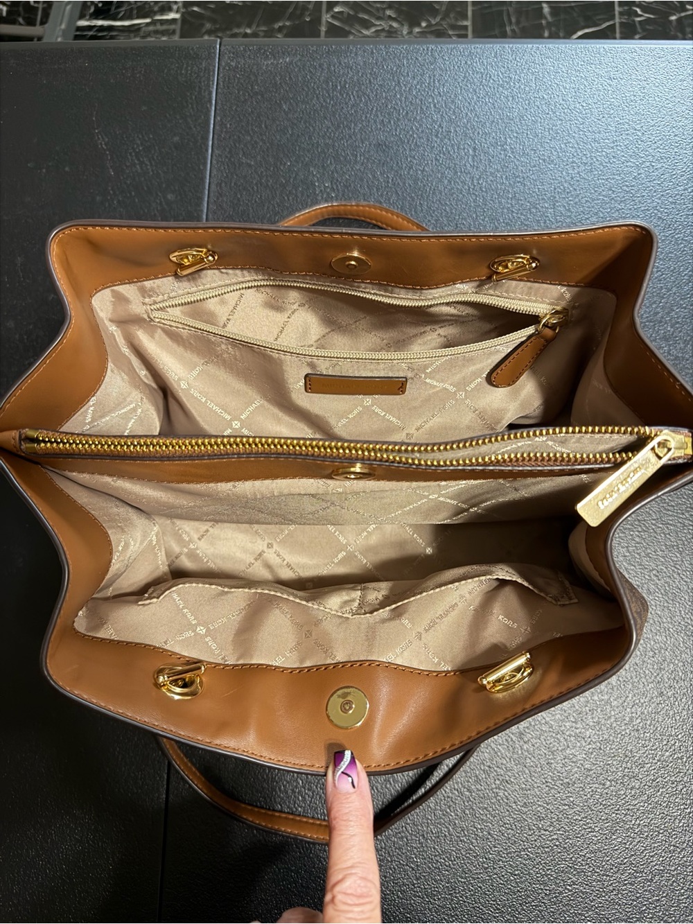 Michael Kors Dark Brown Signature Tote with Gold Chain Handles - Picture 4 of 8